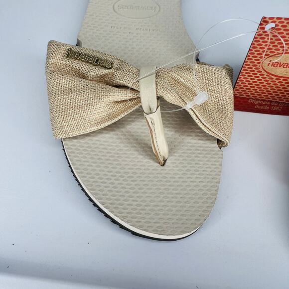 Havaianas You St. Tropez Shine Gold Denim Tan Bow Flip Flop Thong Sandals - Picture 6 of 10